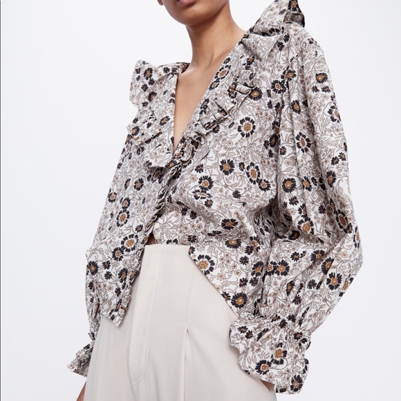 ZARA Brown Ruffled Floral Print Top TRF Size XS - Picture 6 of 8